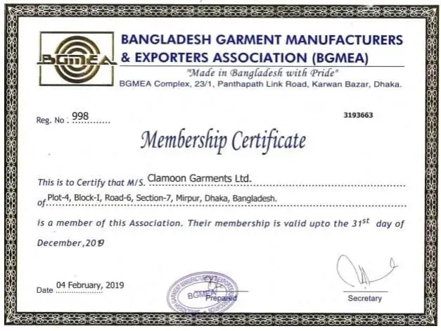 BGMEA certificates Garments B for compliance and audit
