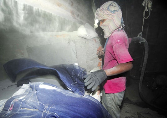 sandblasting process on denim