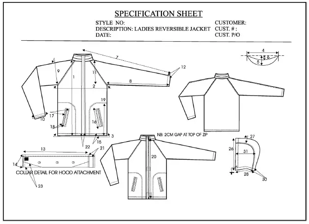 Specification sheet – with measurement details. The numbers refer to items in the spec sheet document